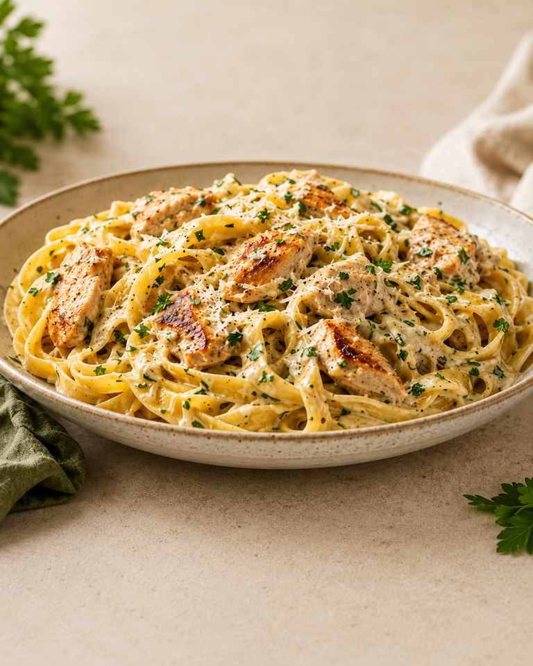 Tagliatelle Cremose al Pollo, Aglio ed Erbe Aromatiche